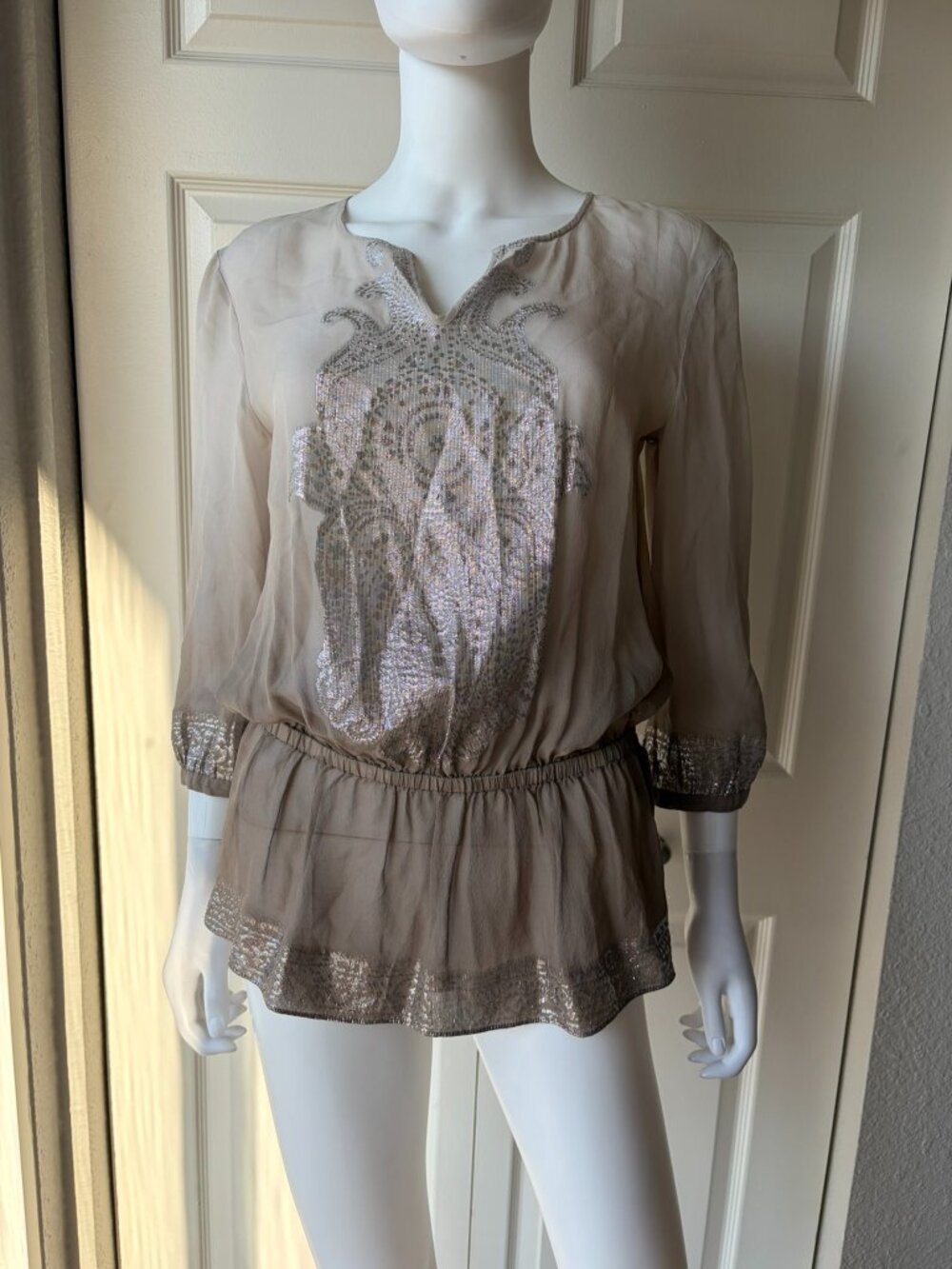Chicos Size 0 Beige & Brown Ombre Silk blend Tunic Top Boho